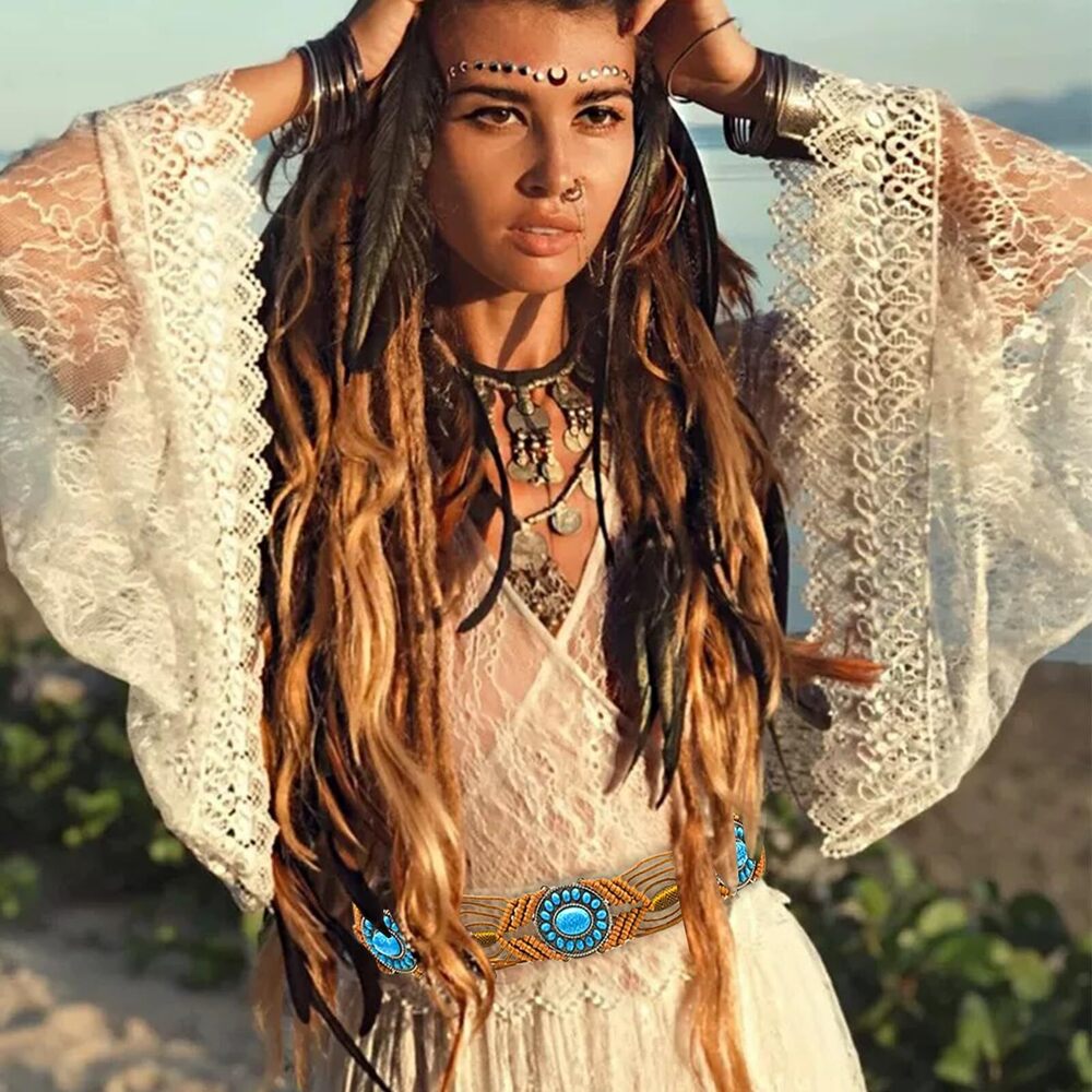 6663 Boho Turquoise Belt For Women 2" Western Wax Rope Beaded Braided Waist - Picture 4 of 7